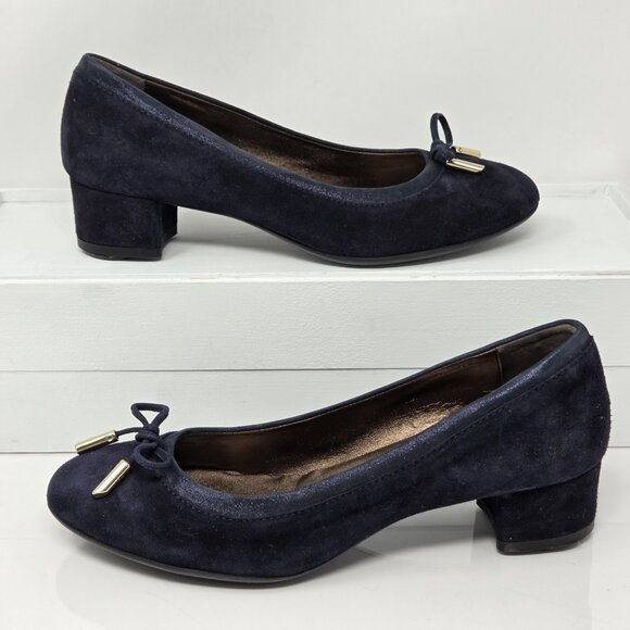 AGL Kristin Block Heel Pumps Navy Suede Bow Womens 37.5 / Us 7.5 Career Business - Picture 1 of 8